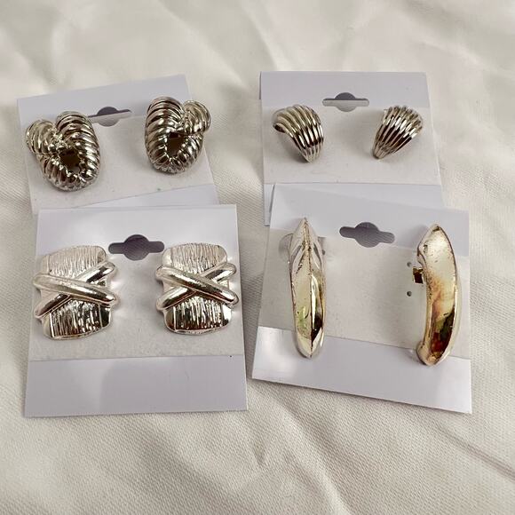 Set Of 4 Silver Gray Clip On Earrings Lot - Picture 1 of 5